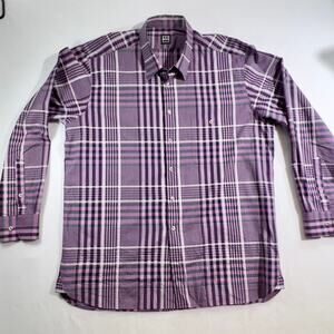 Ike Behar New York Button Shirt Men's XL Purple Grey Check Shirt 100% Cotton